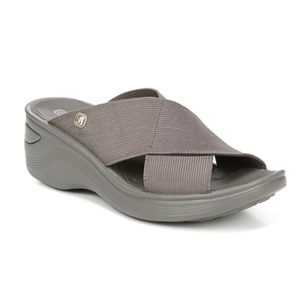 BZEES WOMEN'S WASHABLE SLIDE WEDGE SANDAL TAUPE BROWN STRETCH FABRIC 9W WIDE